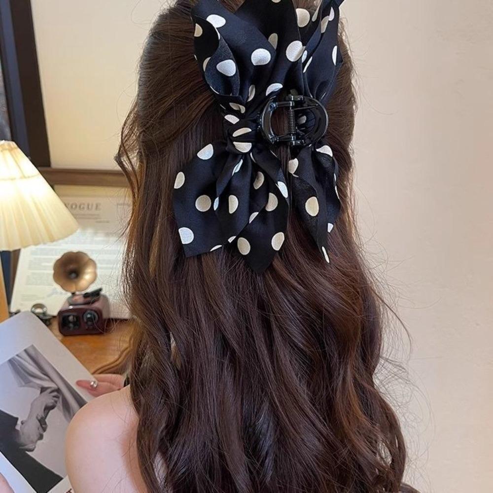 1pc French Black and White Polka Dot Bow Shark Sweet and Cute Clip Three-dimensional Fabric Grab Clip High-end Feel Head Clip