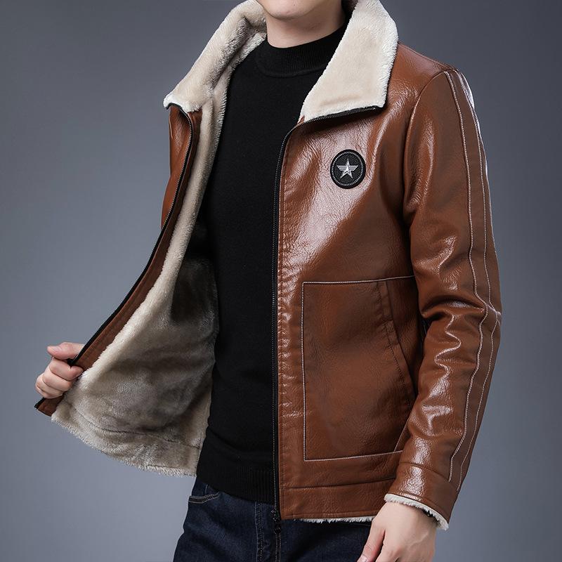 Fleece Collar Leather Jacket for Men with Fur Integrated Plus Velvet and Thickened New Style Winter Men's Sherpa Jacket for Trendy Men