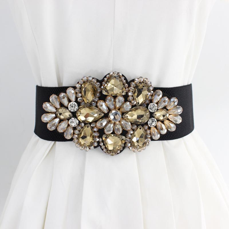 Elastic Belt Feminine Elegance Crystal Diamond Decorative Dress Wide Elastic Waist Seal Three Colors Optional