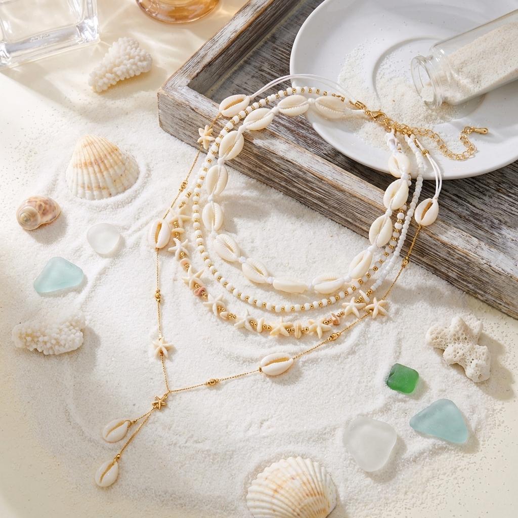 Boho Festival Layered Necklace Set for Women Starfish Y Lariat Drop Deep V Choker Luxury Summer Beach Vacation Jewelry Gift