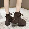 Women Autumn Winter Leather Ankle Boots 9CM Chunky Heels Motorcycle Boots Woman Thick Bottom Lace-up High Platform Short Booties