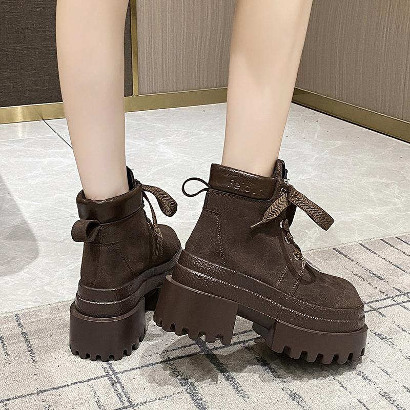 Women Autumn Winter Leather Ankle Boots 9CM Chunky Heels Motorcycle Boots Woman Thick Bottom Lace-up High Platform Short Booties