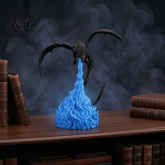 Desktop Decoration for Men 3D Printed Fire-Breathing Dragon Statue, Mystical Figurine with Flame Blue Art Base, Fantasy Decor Ornament Bookshelf,