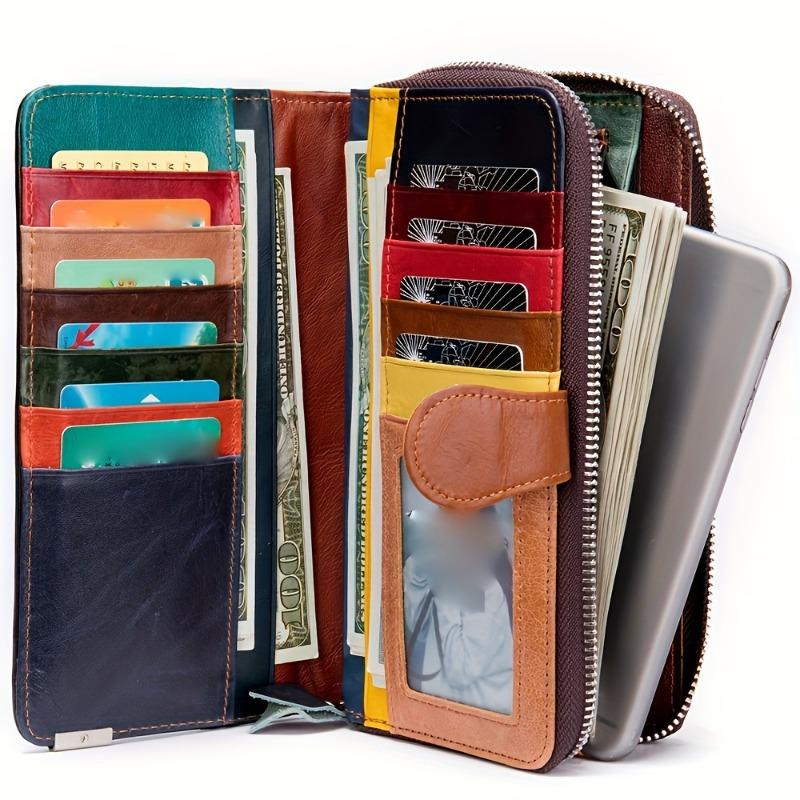 Genuine Leather Bifold Wallet, Vintage Colorblock Coin Purse, Retro Patch Work Credit Card Holder