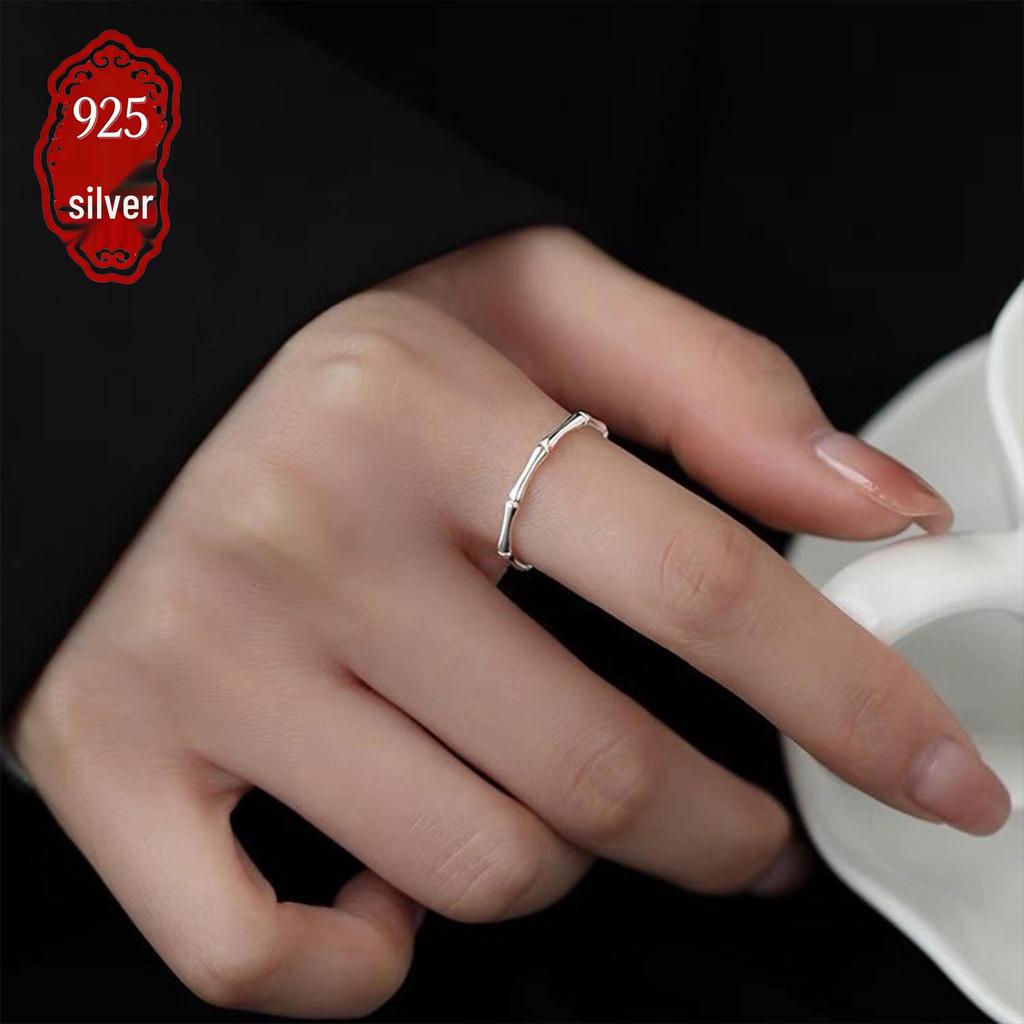 S925 Sterling Silver Adjustable Bamboo Ring - Chinese Style Luxury Index Finger Ring for Women