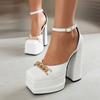 Plus Size Plaid Patent Leather Side Cut-Out Women's Sandals Metal Chain Decoration Ultra-High Double-Deck Platform Fashion Shoes