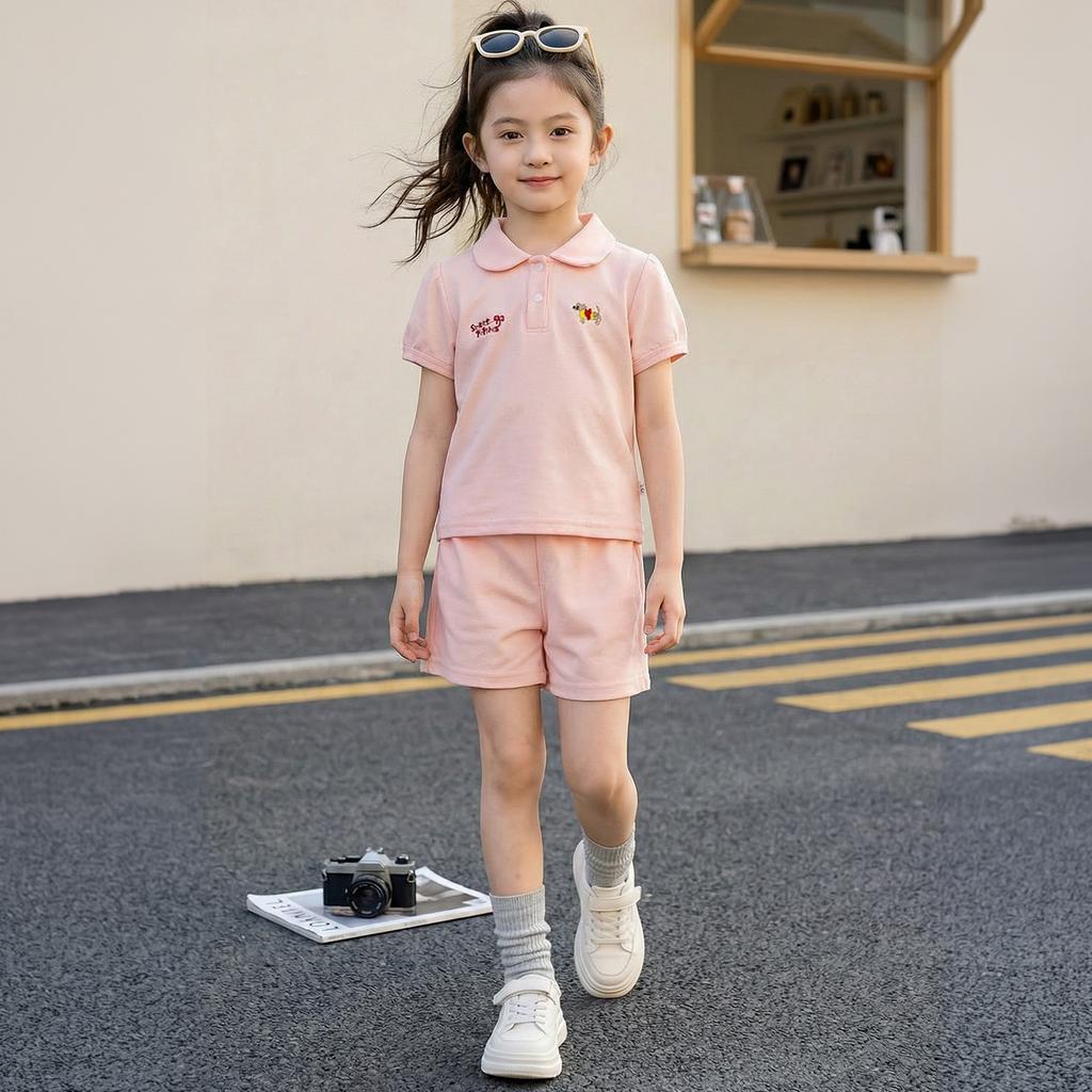 Girls' Short-sleeved T-shirt Set For Summer Children's Casual Embroidered Polo Shirt Set