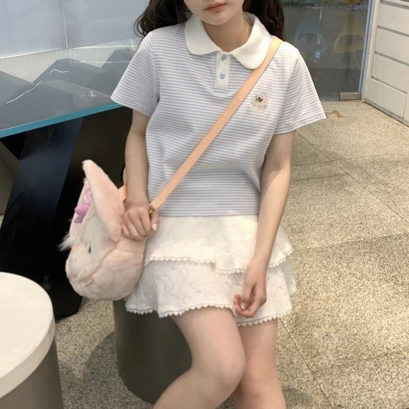 Kawaii słodkie paski T-shirty damskie japońska moda preppy styl kreskówka haft koszulki topy miękka dziewczyna lato Y2k