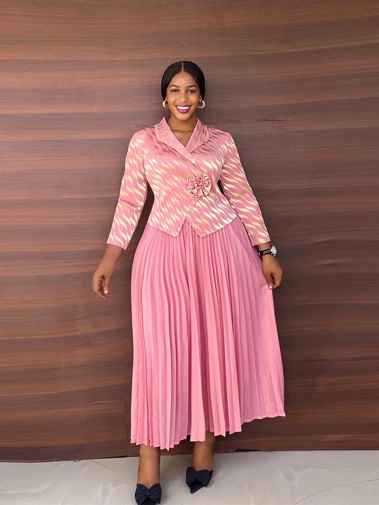 Plus Size Women's High-End Gold Foil Print Pleated Dress with Faux Two-Piece Long Skirt - Casual Style