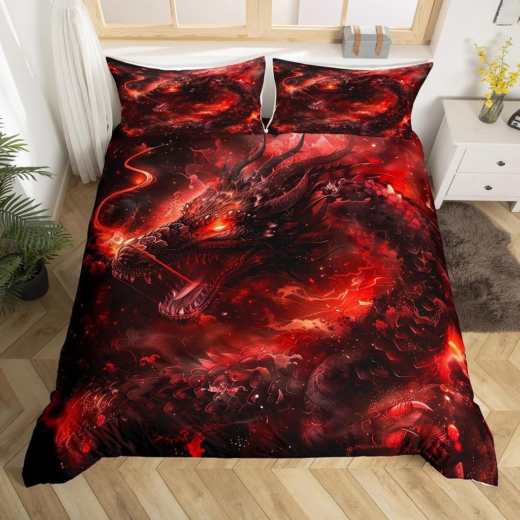 Fire Dragon Duvet Covers For Kids Teens Queen King Size Lightweight Quilt Covers Mythical Animals Pattern Bedding Set Room Decor
