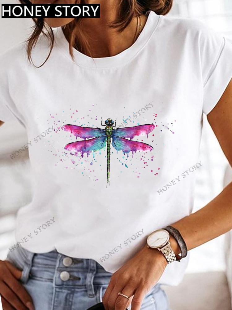 Dragonfly Butterfly Print Base Top Loose Women's Short-sleeved T-shirt Round Neck Oversized T Shirt  Women Clothes