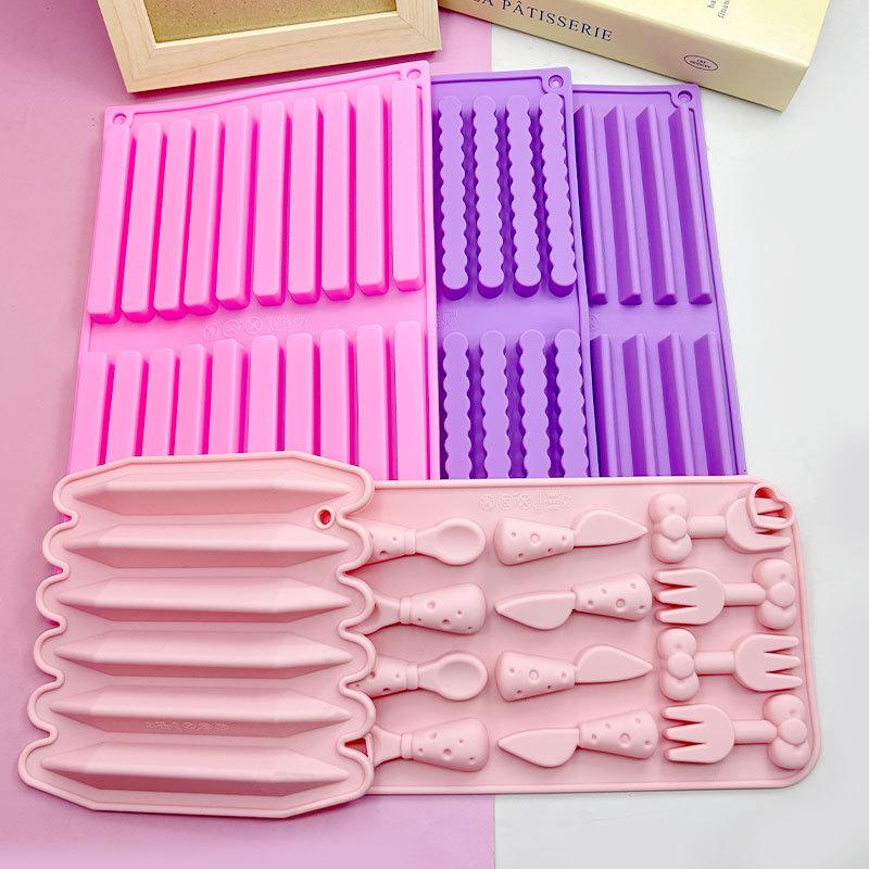 12-Cavity Braided Wavy Long Strip Gummy Mold, Crayon, Knife & Fork, Panda Mousse Pudding Mold