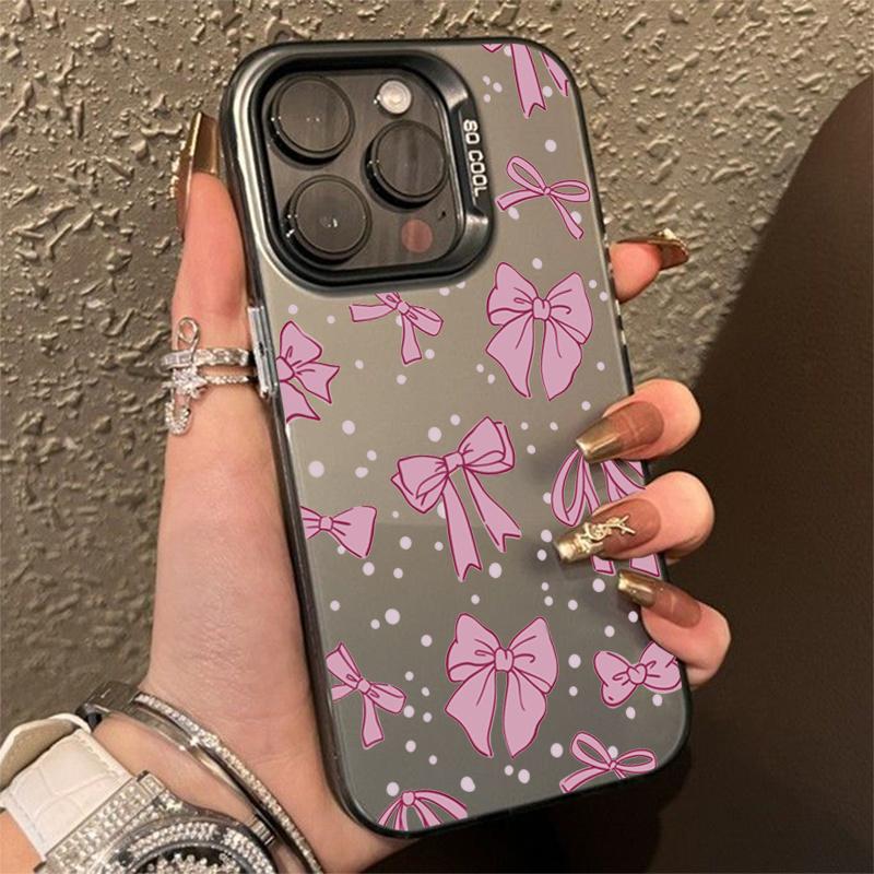 Ins Korean Simple Pink Bow Phone Case for iPhone 15 Pro Max 14 13 12 11 XS X XR 7 8 Plus 15 Luxury Lens Protection Laser Cover
