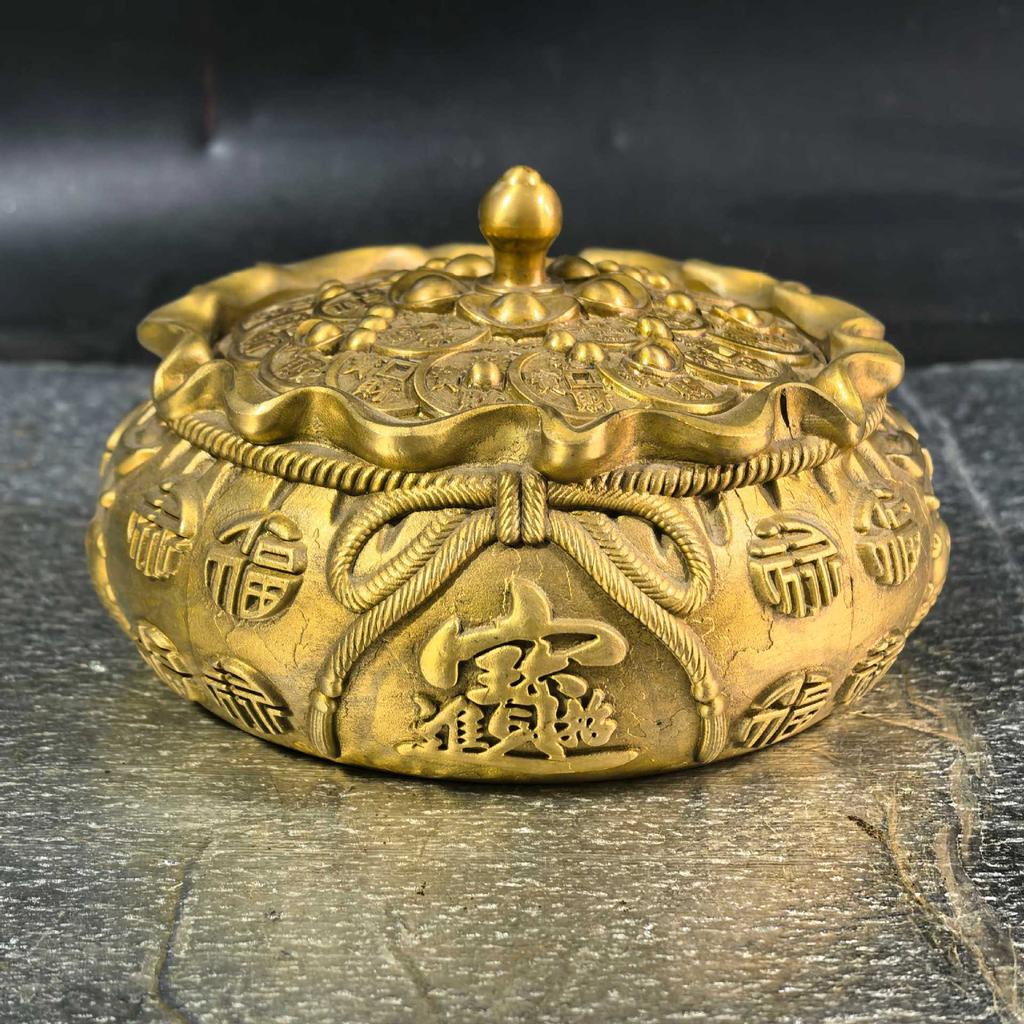 Pure brass dragon and phoenix with lid, treasure bowl ashtray, home living room office decoration