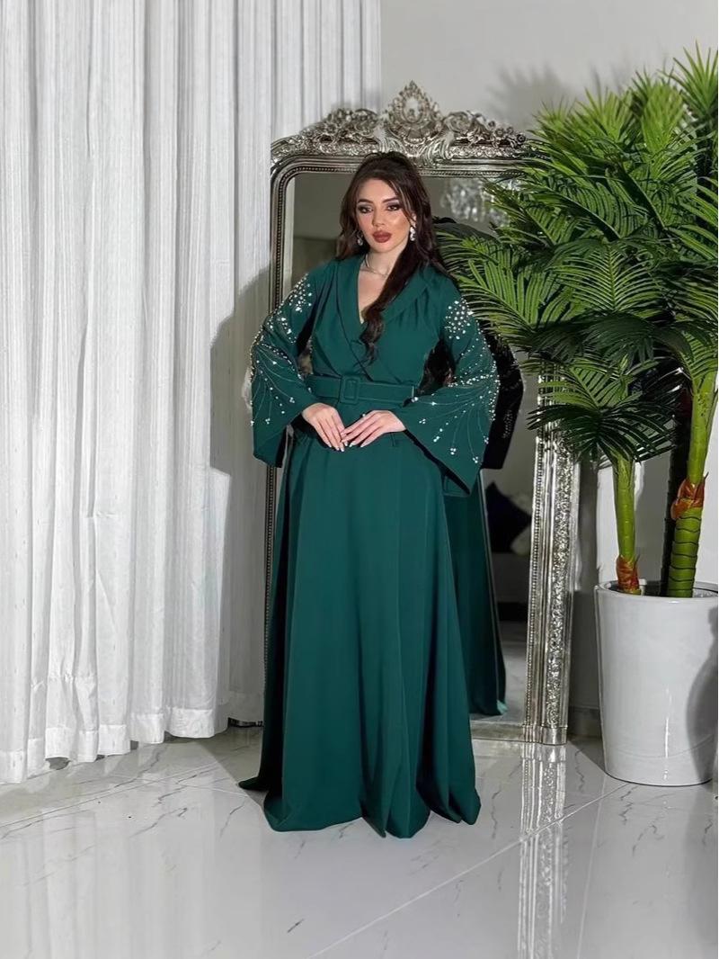 

Осеннее платье-халат со стразами и поясом для женщин Ближнего Востока XL зелёный
