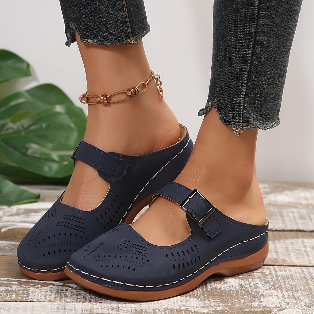 Womens Faux Leather Solid  Round Toe Flat Heel Wedge Sandals Comfortable Slip-on Buckle Strap Design, Soft Faux Leather Insole