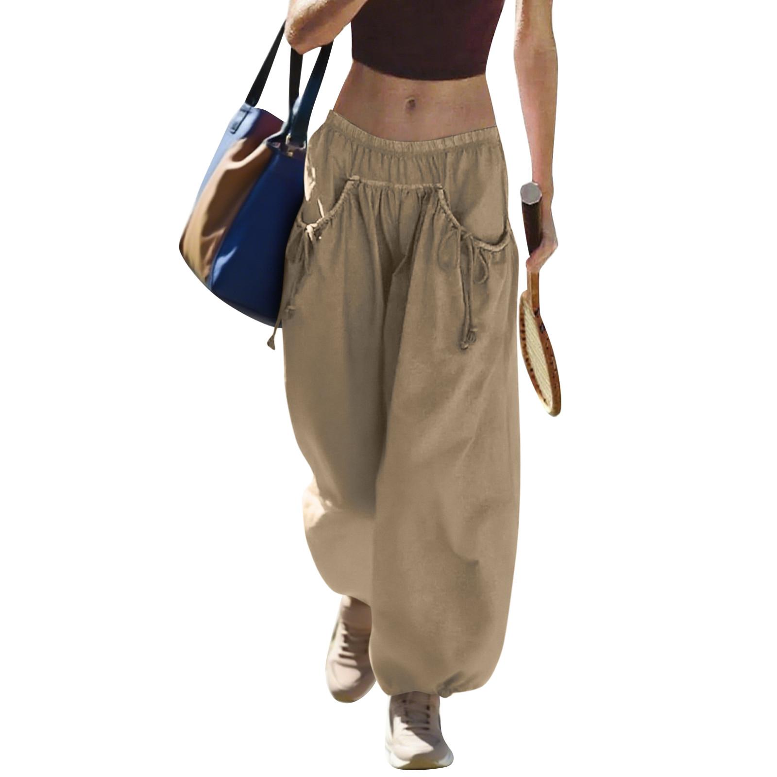 

Женские свободные широкие треккинговые брюки шаг за шагом летние широкие повседневные брюки с большими присборенными карманами L верблюд