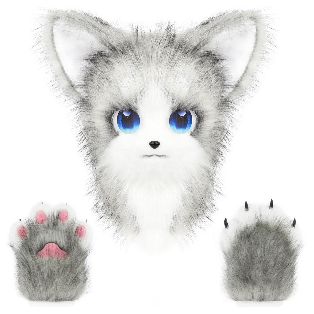 Animale Gatto Fursuit Maschera per la Testa Peluche e Therian Set di Guanti Zampa Per Costume di Halloween Cosplay Accessori