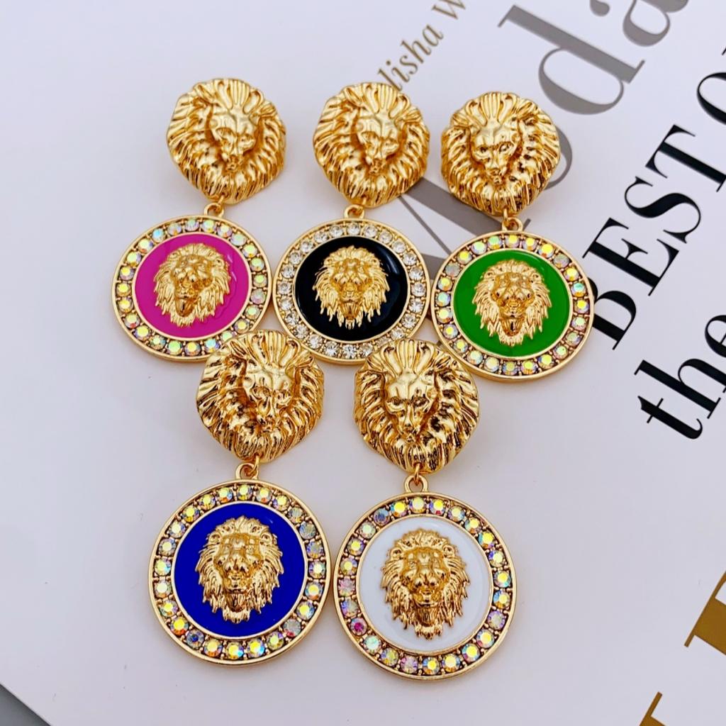 Einzigartige Design-Löwenkopf-Ohrringe, glitzernde Strass-Ohrringe, kreisförmige Ohrringe im Retro-Stil für Frauen