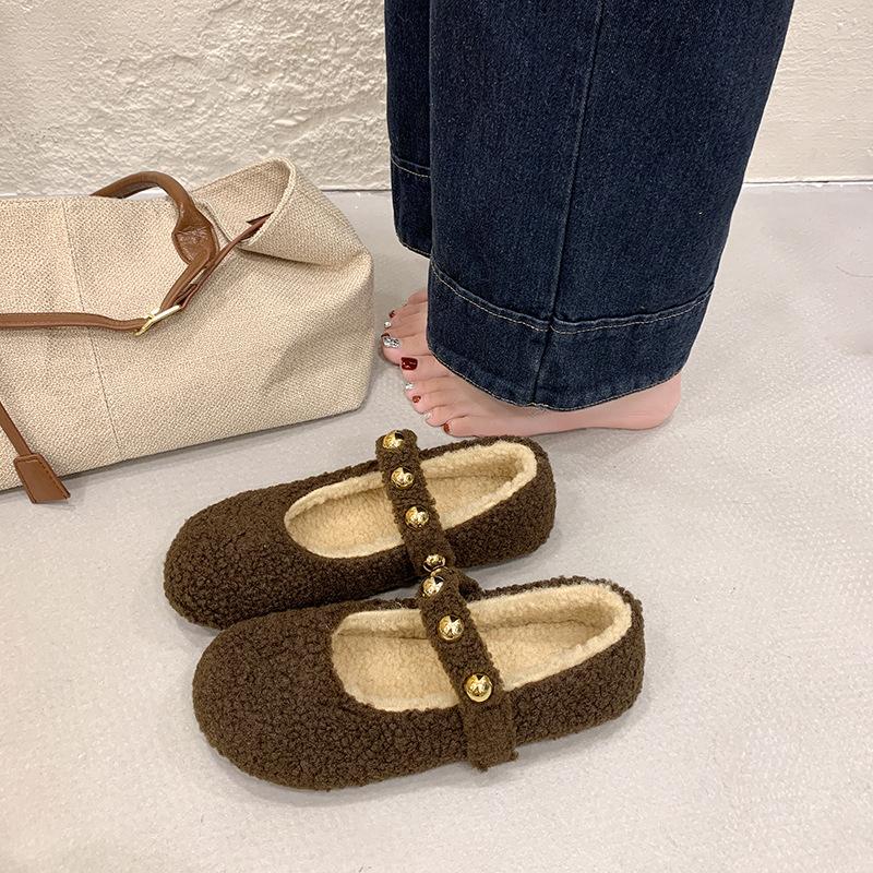 Flat bottom fluffy shoes women's autumn and winter fashion shallow mouth velvet Mary Jane shoes cotton shoes