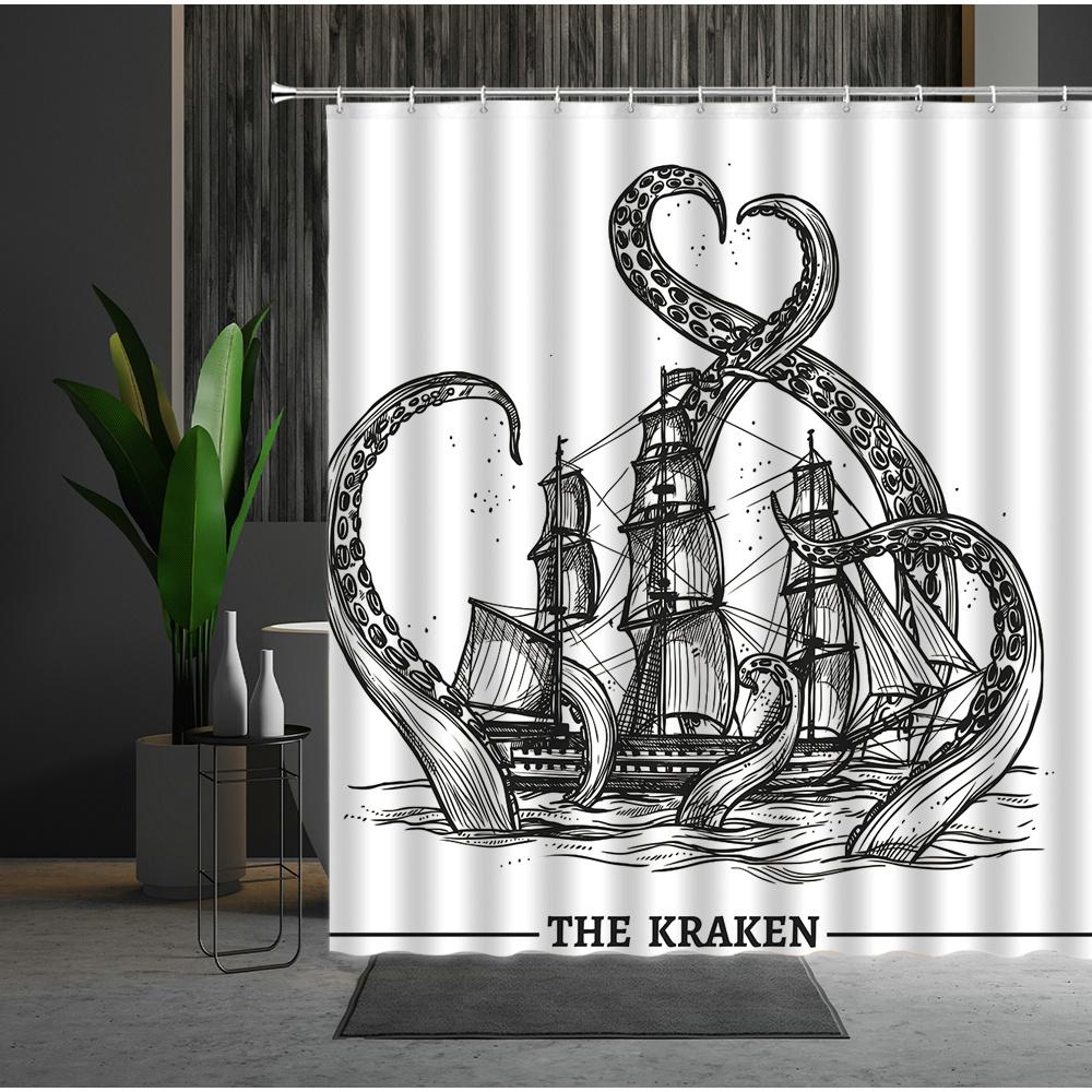 Funny Sea Monster Octopus Shower Curtain Marine Organism Tentacle Black And White Style Bath Curtains Bathroom Decor Fabric Hook