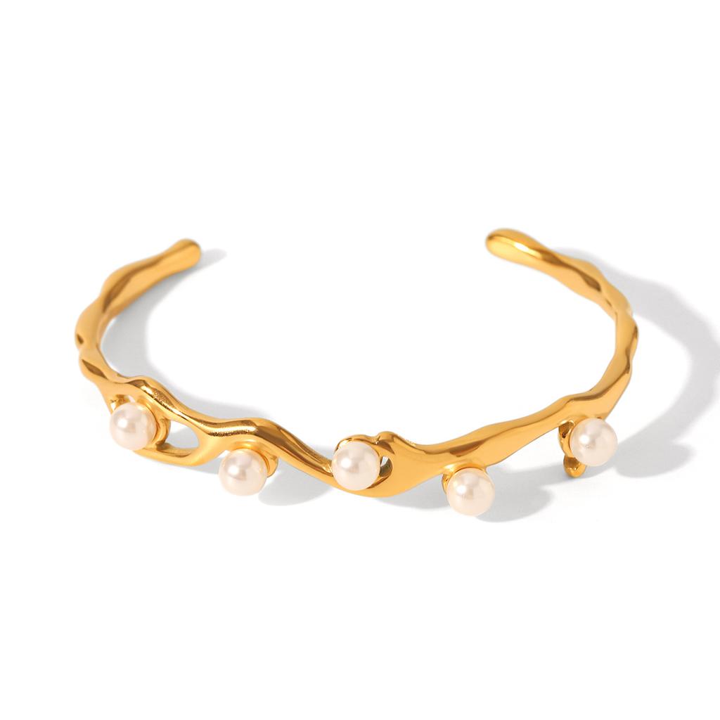 Stainless steel irregular elegant high-end pearl open bangle, non-fading titanium steel bracelet