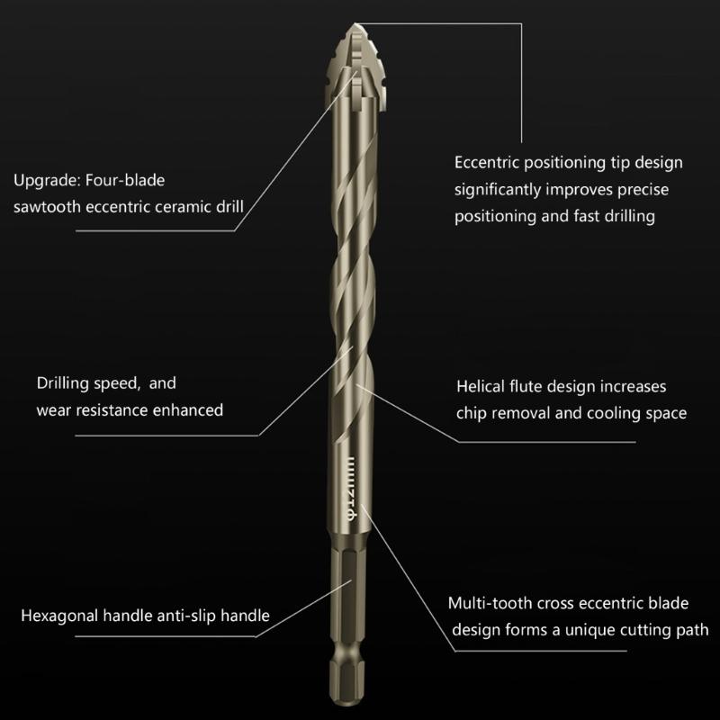 Serrated Tile Drill Bit Four-Edged Hexagonal Shank Drill Bit Drilling Tool for Glass Ceramic Concrete Brick