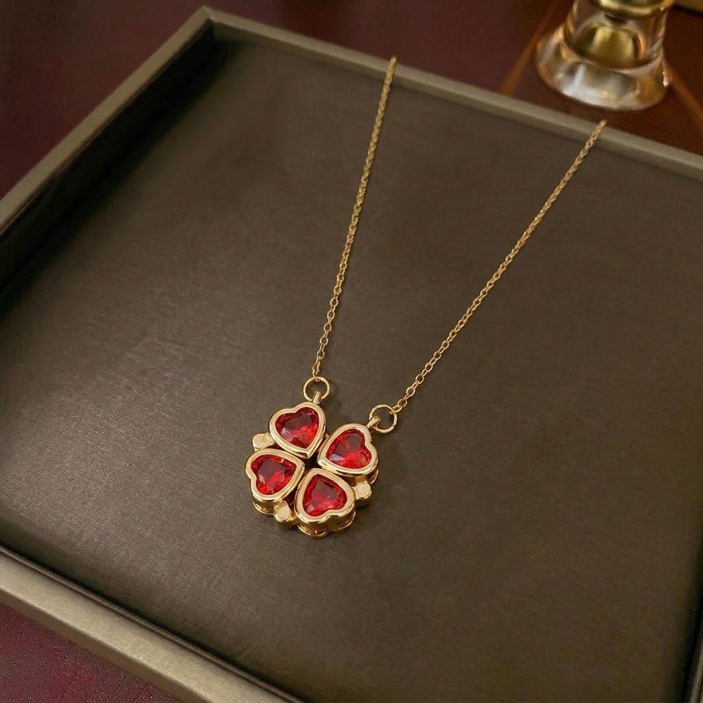 Women's Heart-Shaped Necklace with Four-Petal Flower, Cubic Zirconia, Titanium Steel Clavicle Chain - Elegant and Versatile Accessory