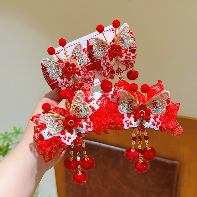 Hanfu Kopfschmuck Kinder Neujahr Haarnadel Niedlich Süß Chinesischer Stil Rote Haarspangen Quaste Antiker Stil Haarspange