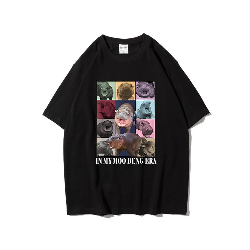 Summer Pure Cotton Short Sleeved Creative Trend Bouncing Pig Moo Deng Printed Round Neck Sports Shirt Casual Versatile T-Shirts Women’s