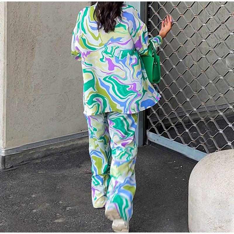Women's Street Loose Printed Shirt Long-sleeved Fashion Casual Suit Women's Two-piece Summer Commuter Vacation Beach Suit