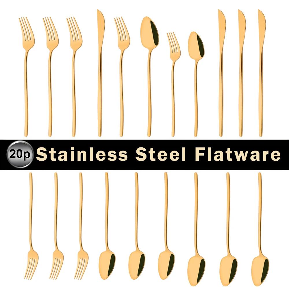 20Pcs Mirror Pink Gold Flatware Cutlery Set Sainless Steel Home Dinnerware Party Fork Spoon Knife Kitchen Dinner Tableware Set