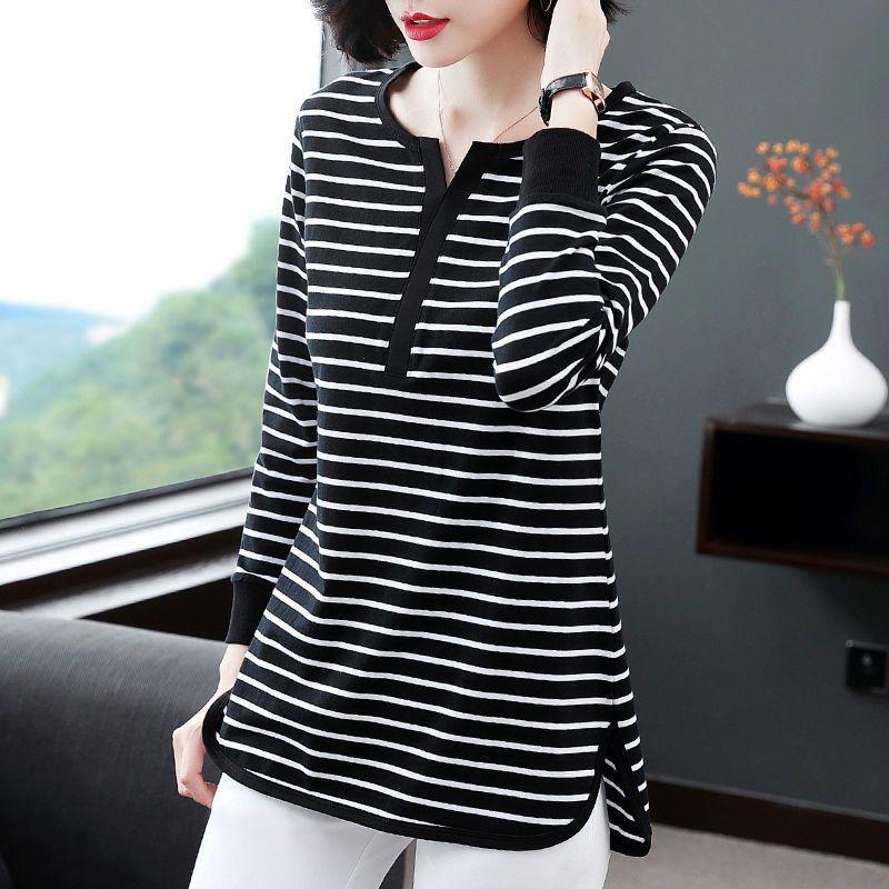 Women's Round Neck Long-sleeved T-shirt Women's Mid-length V-neck Loose Bottoming Shirt