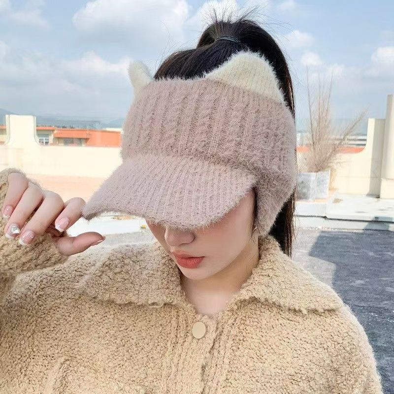 Hat Women's New Autumn and Winter Thickened Ear Protection Cold Proof Knitted Woolen Hat Warm Empty Top Plush Duck Cap