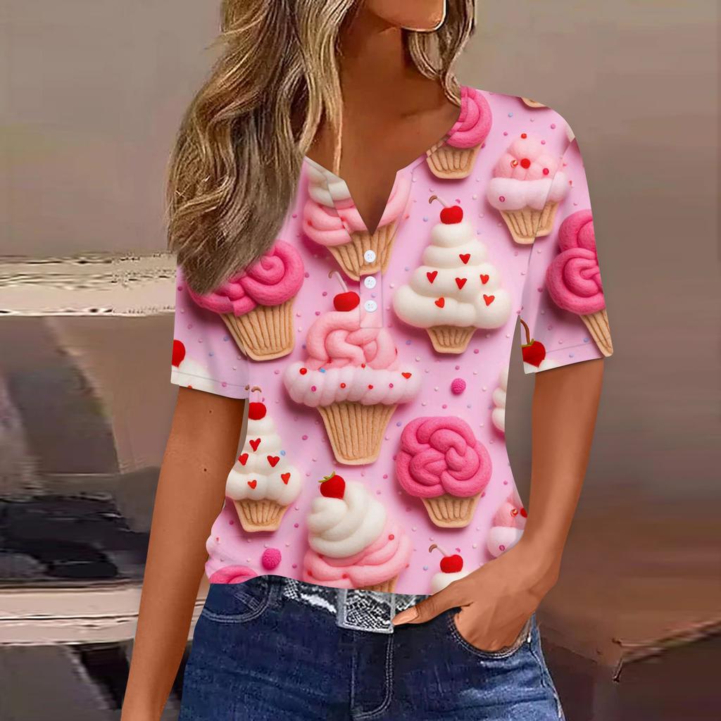 Damen T-Shirt Tee Print Knopf Kurzarm Täglich Wochenende Mode Basic V-Ausschnitt Regulär Oberteil Valentinstag