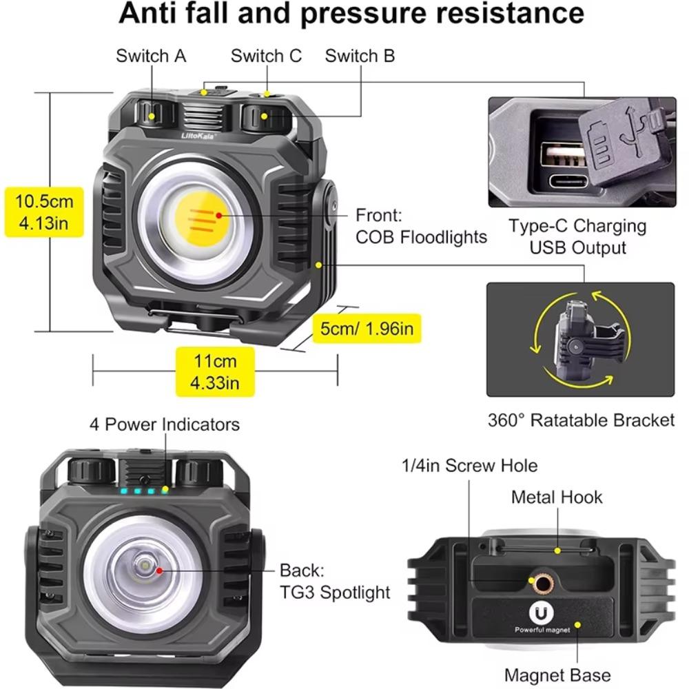 5000mAh Battery Mini Magnetic Working Light Waterproof Stepless Dimming COB Flashlight Rechargeable Strong LED
