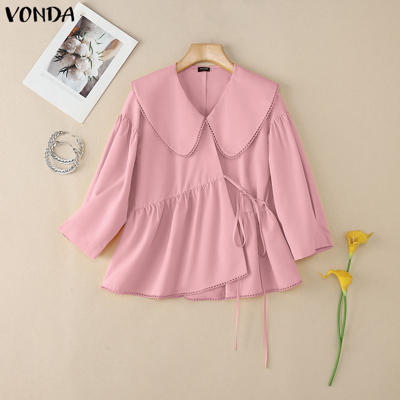 VONDA Women Casual Lapel Neck Solid Color Irregular Loose 3/4 Sleeve Blouse