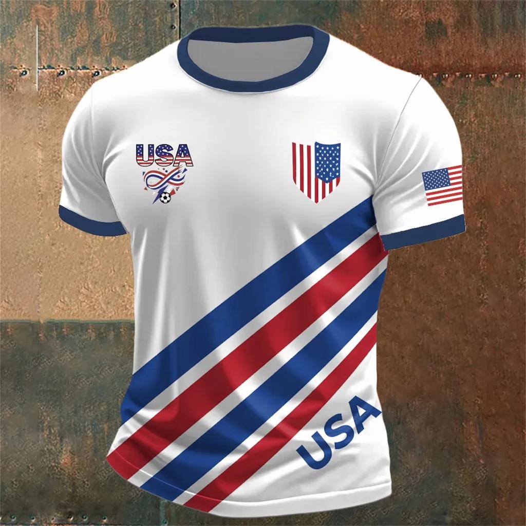 Men’s USA Football Print Crew Neck Classic Fit Short Sleeve T-Shirt with Striped Shield and Flag Design for Sports Fans