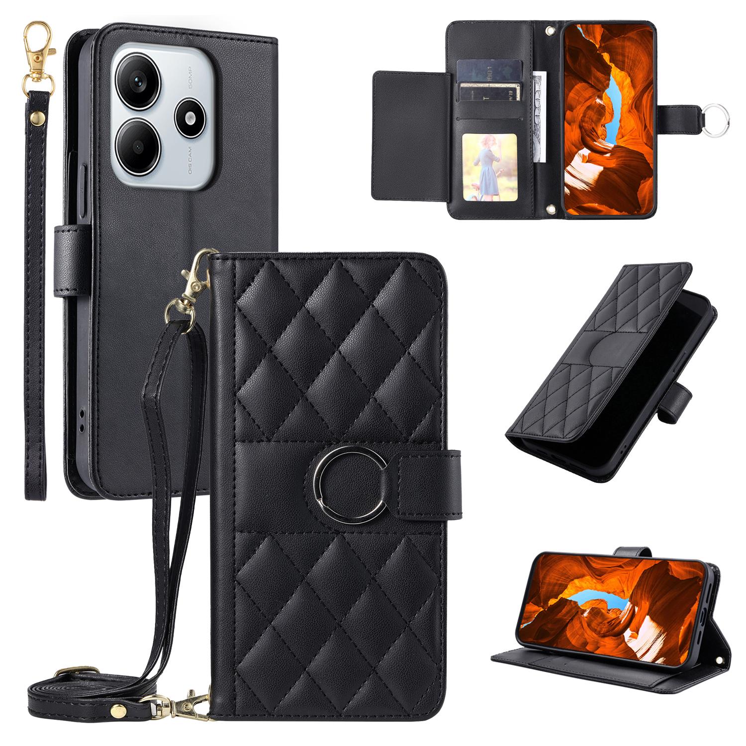 

For Xiaomi Redmi Note 14 5G Crossbody Leather Case Ring Buckle Wallet Stand Rhombus Mobile Cover Black