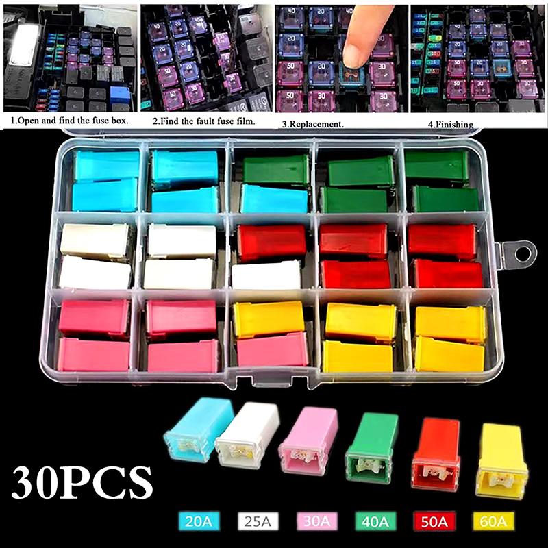 30Pieces/Box Auto Fuses Pal Square Long Foot Plug-In Fuses 20A-60A Square Car Fuse Box Waterproof Sockets