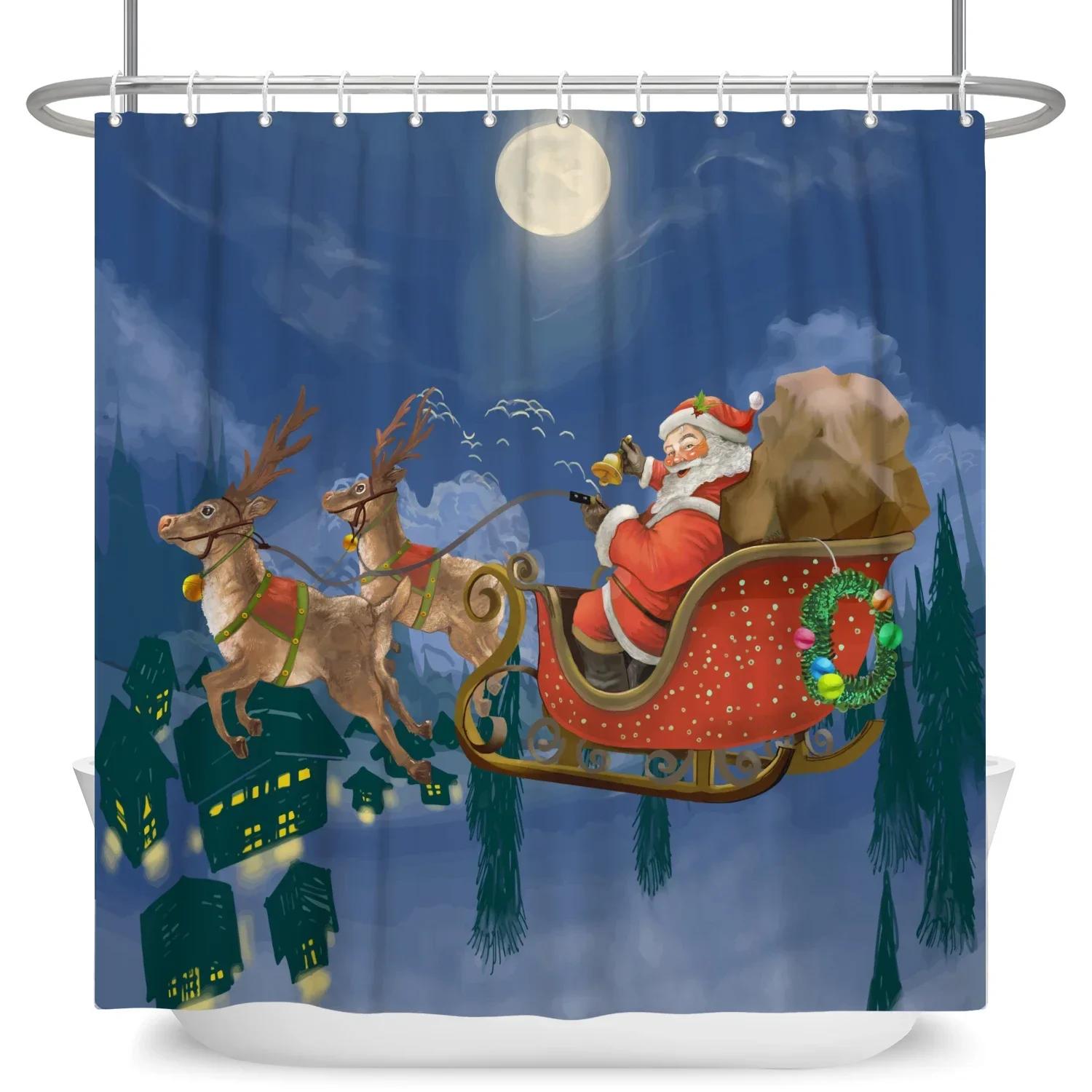 

~O~Full Night Moon Christmas Scene Shower Curtain Santa Claus Elk Deer Bathroom Partition Waterproof Hanging Curtain With Hooks W90XH180cm