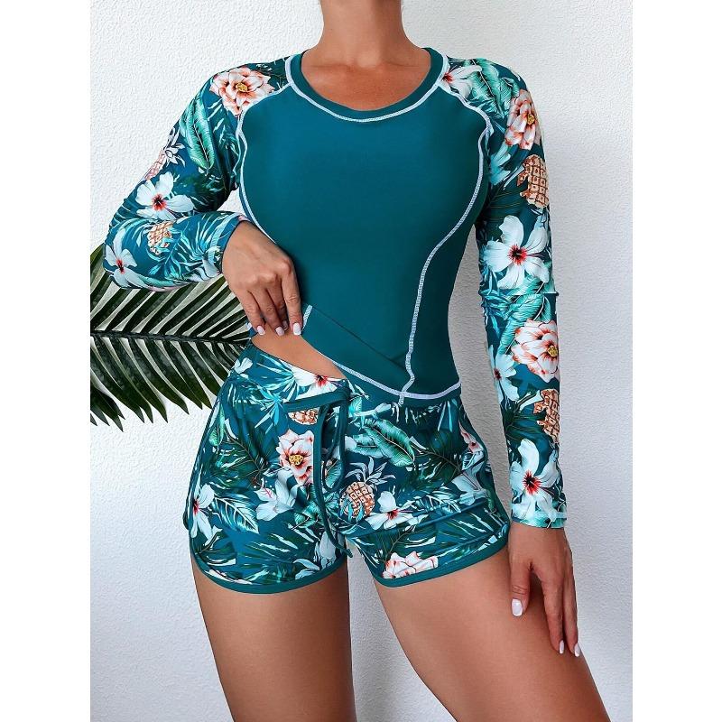 New European and American diving and surfing suits long sleeves fashion sunscreen printed split swimsuit women's clothing