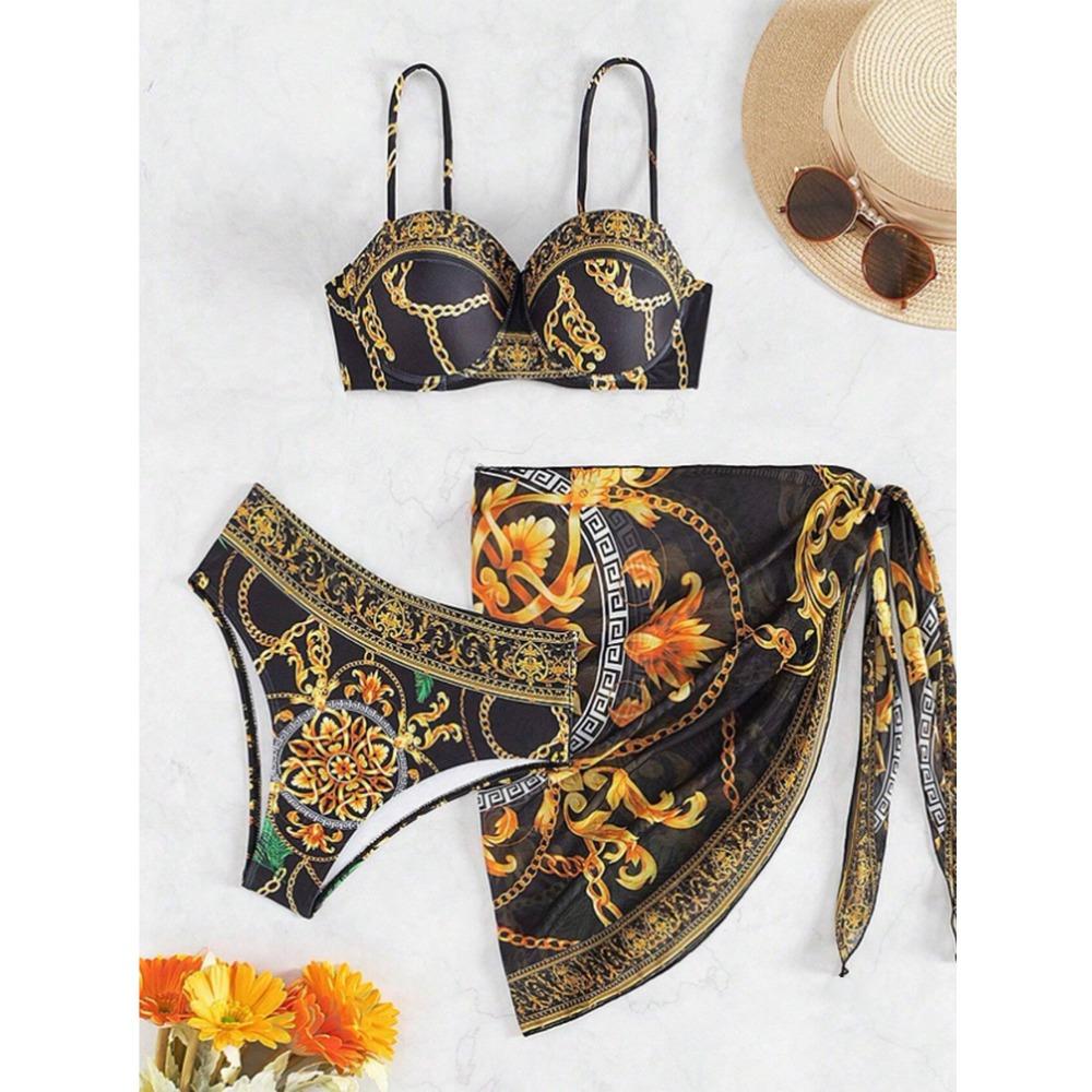 Europees en Amerikaans Nieuw Eendelig Badpak Sexy Rug Gedrukt Drie Delig Bikini Pak voor Vrouwen
