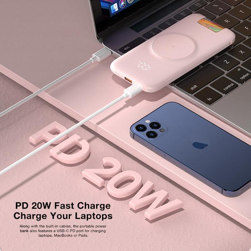 Batterie externe 20000mAh avec câbles intégrés, lignes de charge, chargeur PD, Powerbank Portable sans fil, batterie externe Mobile