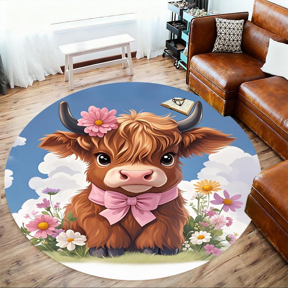 1PC Cow Flowers Bow Round Chair Mat Area Rug - Non-Slip, Floor Mat for Office, Bedroom, Home Decor Christmas Gift C0528077