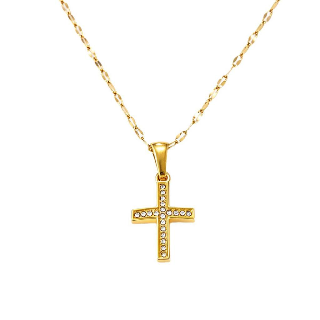 Elegant Women's Diamond Inlaid Cross Necklace with Stainless Steel Clavicle Chain