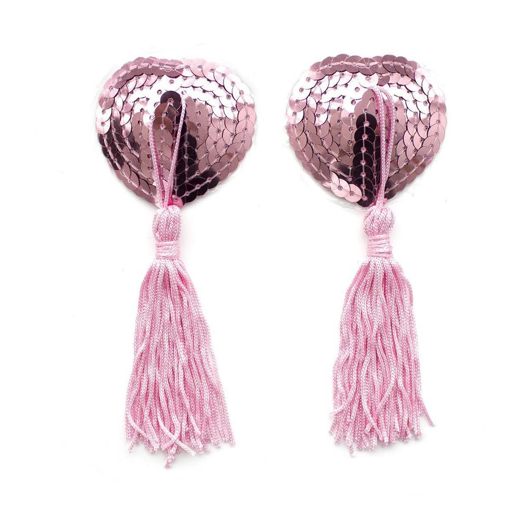 Heart-Shaped Sequin & Star Nipple Pasties with Tassels - Silicone Bra Accessory