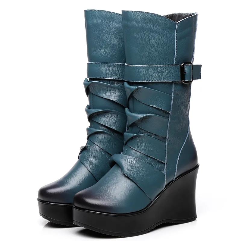 Fashion GKTINOO New Fashion Genuine Leather Women's Boots Mid-Calf Winter Warm Shoes Casual Women Wedges Shoes Woman Motorcycle Boots