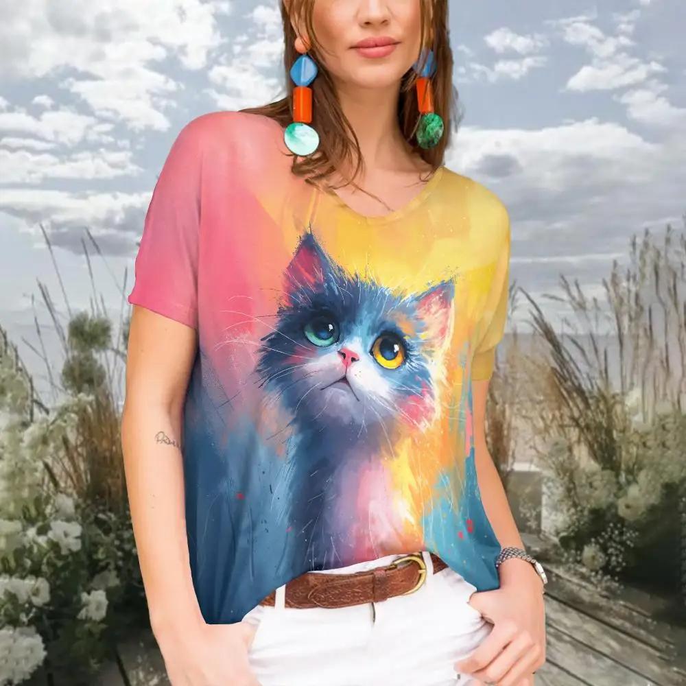 Summer Women Fashion V-Neck T-shirt Casual Cartoon Cat Tops Tees Female Colorful Short Sleeve Clothing Ladies Vintage Streetwear