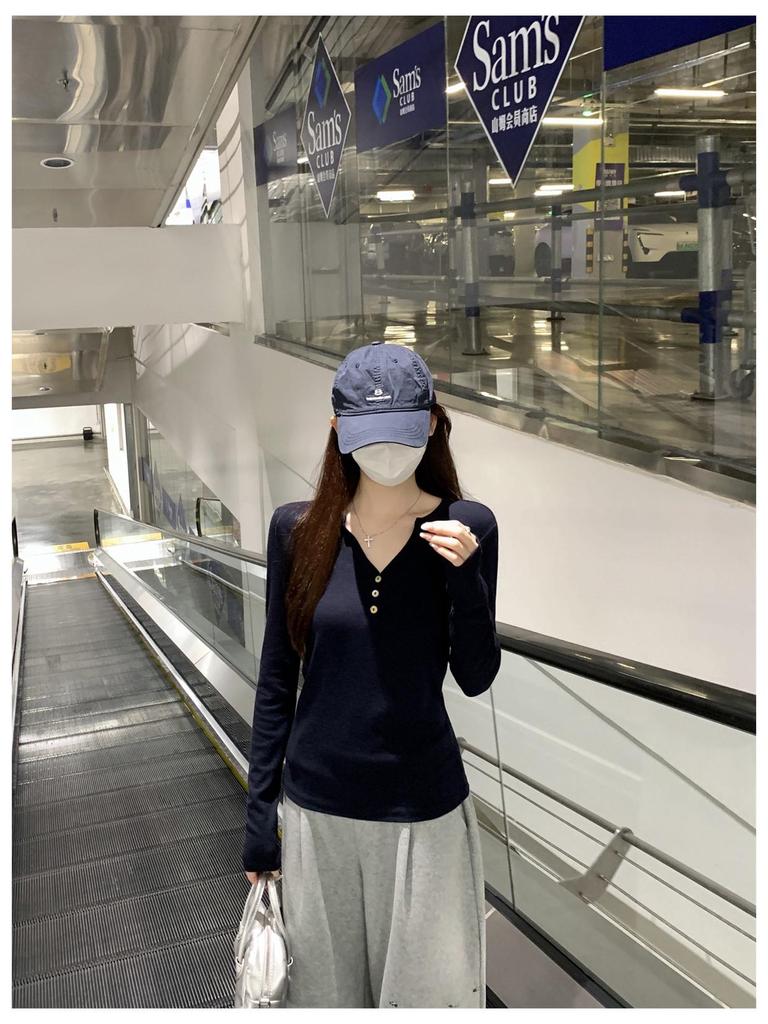 Lässiges V-Ausschnitt Langarm Hemd mit Knöpfen für Damen